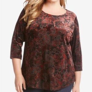 Karen Kane Velvet Burnout Top Size XL Burgundy & Black